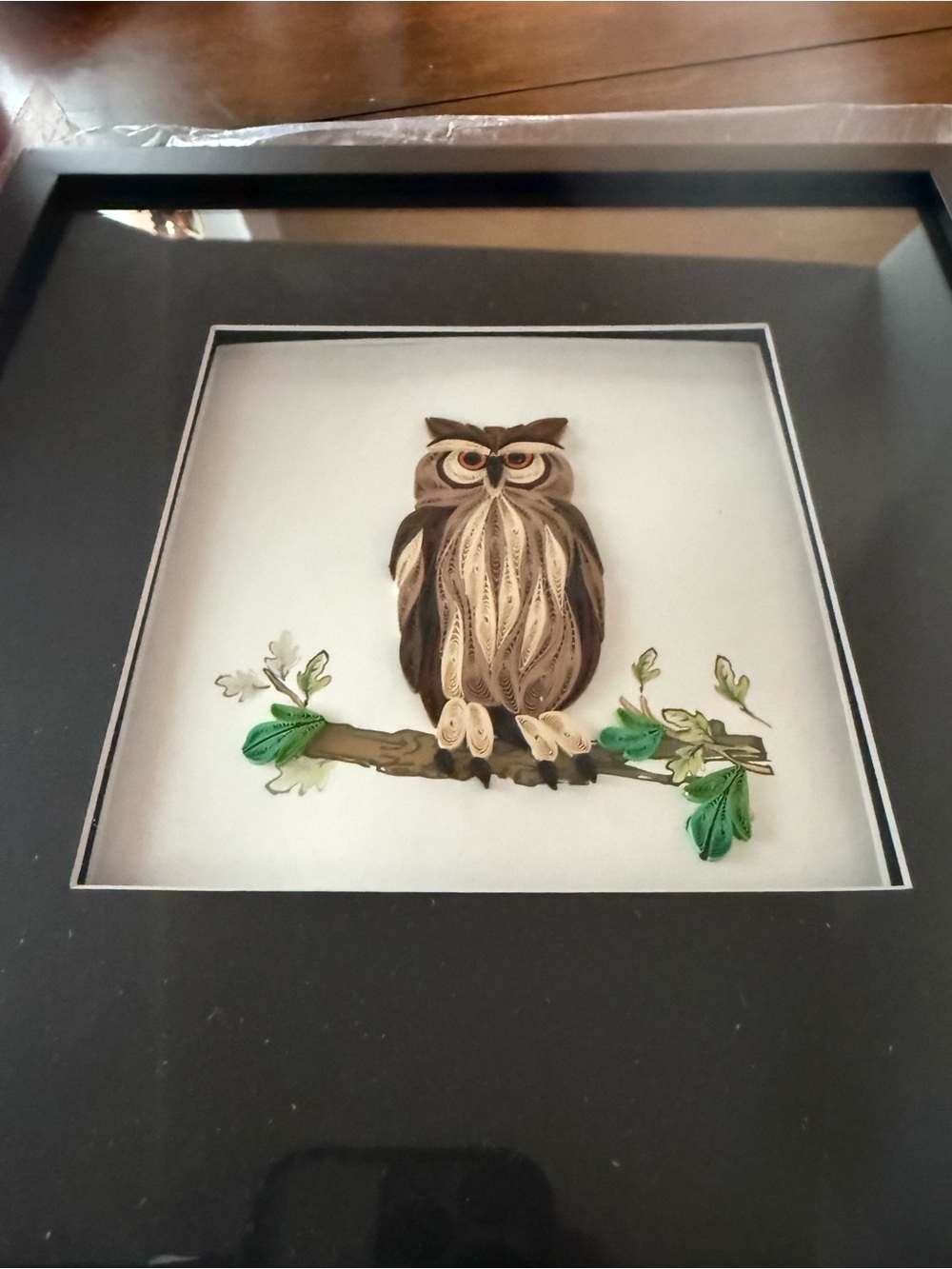 VTG Quilled Owl Art Framed Black Paper Craft Artwork Handmade Home Decor